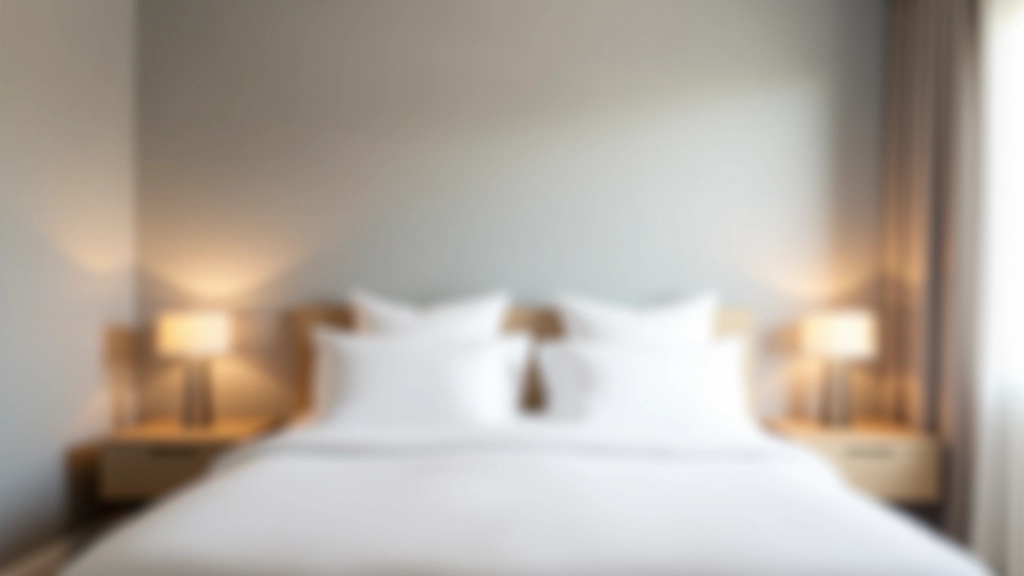 Dormitorio elegante con paredes en gris claro y acabado satinado, cama con ropa de cama de lino blanco