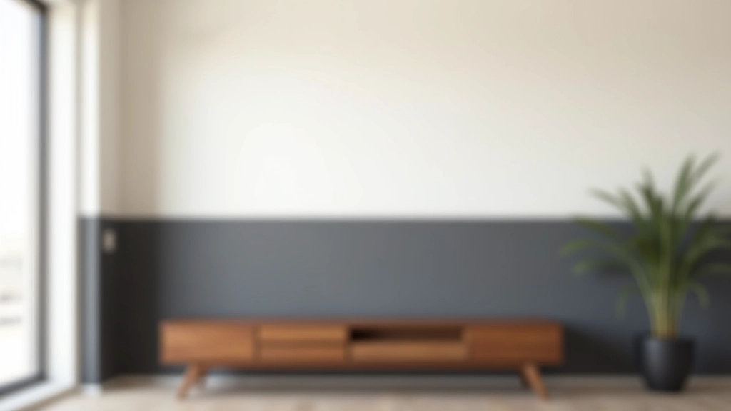 Pared de salón dividida horizontalmente en dos tonos: mitad superior en blanco crema y mitad inferior en gris oscuro, con línea de separación perfectamente delineada