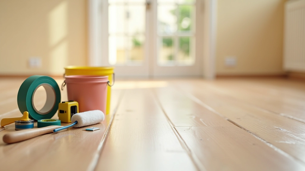 Primer plano de línea de demarcación perfecta entre dos tonos de pintura, con cinta de pintor profesional, rodillo de pintura, brocha pequeña y nivel láser sobre piso de madera